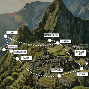 Mapa de los recorridos de Perú con fondo de Machu Picchu