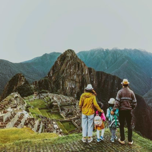 Family group admiring the Machu Picchu citadel from the guardian’s house area