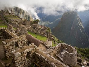 Full view of the Machu Picchu citadel with Huayna Picchu mountain in the background